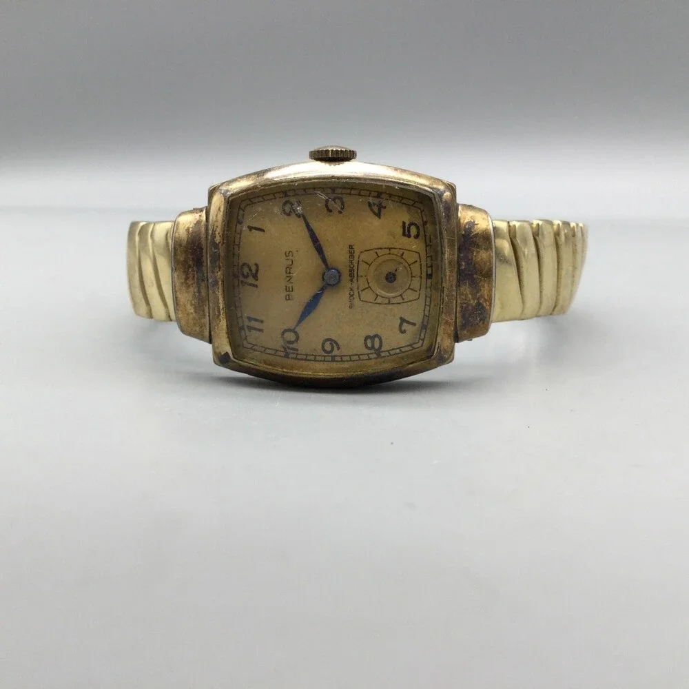 Vintage Benrus Mens Watch 25mm Gold Tonneau Dial Manual Wind Shock Absorber